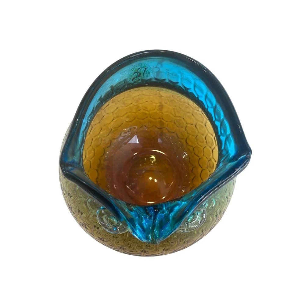Art Glass Owl Vase Ombre Blue Amber Honeycomb Texture Hand Blown 7 Inch